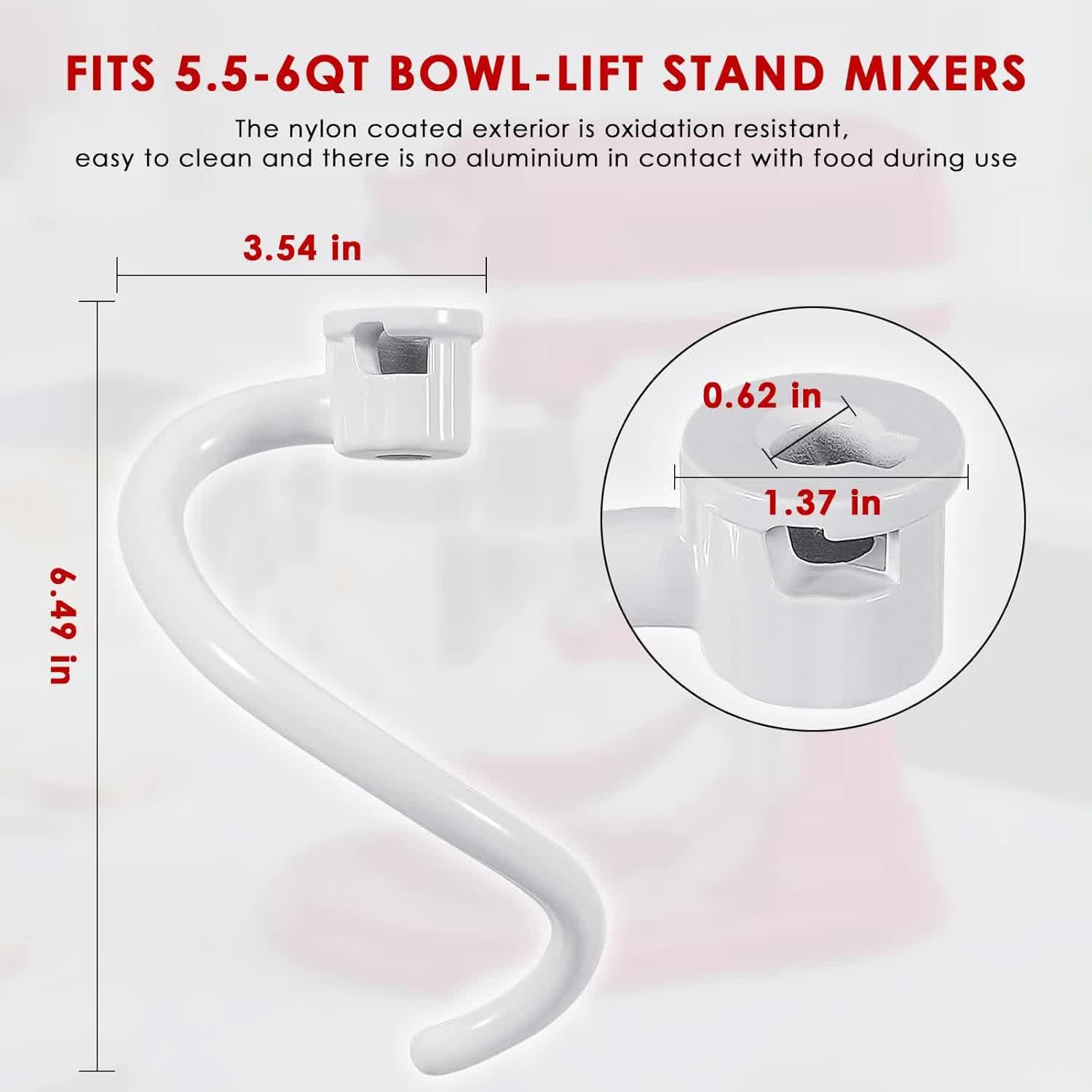 Spiral Dough Hook for KitchenAid 5Plus & 6QT Bowl-Lift Stand Mixers, Bread Hook Attachment for Kitchen aid V1188-CYX-J02-1316
