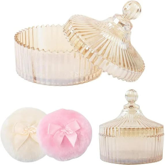 3 Pcs Large Body Powder Puff and Container, 5.3" Glass Crystal Body Container with 3.5" Soft Washable Powder V1188-CYX-J02-1902