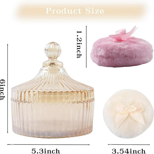 3 Pcs Large Body Powder Puff and Container, 5.3" Glass Crystal Body Container with 3.5" Soft Washable Powder V1188-CYX-J02-1902