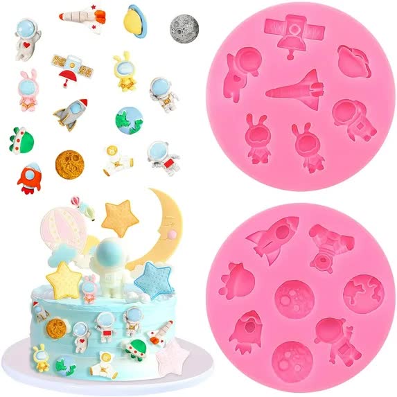 2 Pcs Astronaut Rocket Planet Fondant Silicone Molds Space-Themed Chocolate Candy Epoxy Resin Mold Cute Soap V1188-CYX-J02-228