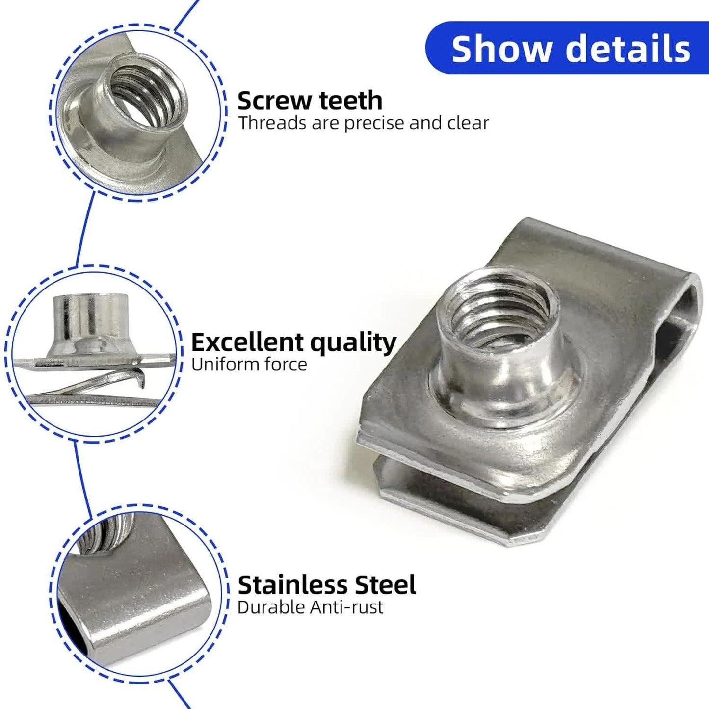 1/4"-20 U-Style Clip-On Nut, U-Type Stainless Steel 18-8 (304) Regular Extruded U-Nut, Pack of 20 V1188-CYX-LHJ-1447