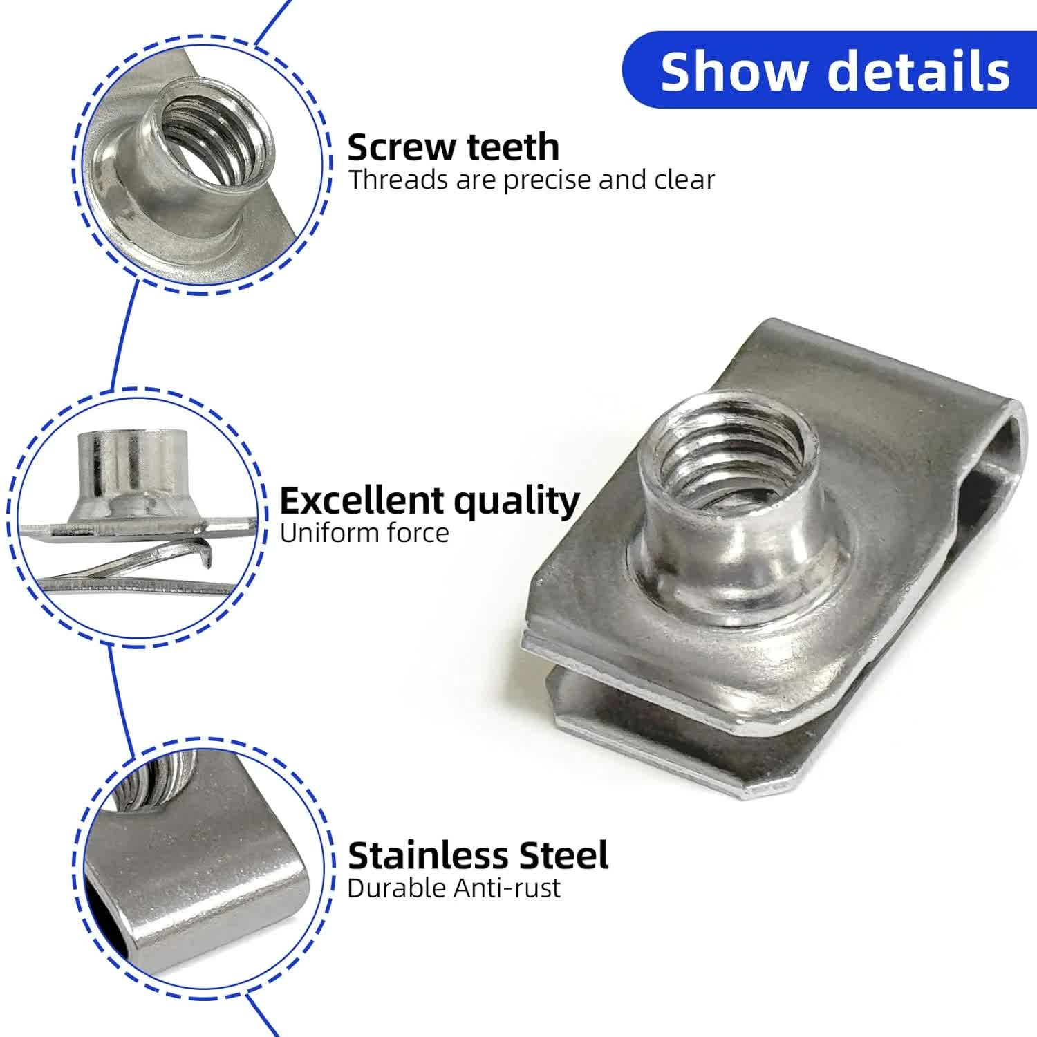 1/4"-20 U-Style Clip-On Nut, U-Type Stainless Steel 18-8 (304) Regular Extruded U-Nut, Pack of 20 V1188-CYX-LHJ-1447