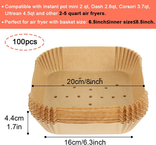 Square Air Fryer Liners for 2 to 5 Qt, Set of 100, 8 Inch Perforated Square Air Fryer Parchment Paper, Air V1188-CYX-LHJ-1874