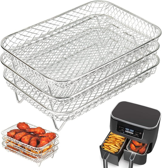 Air Fryer Rack for Ninja Dual Airfryer, 3pcs Stackable Stainless Steel Dehydrator Rack, Rectangle Double Air V1188-CYX-LHJ-1883