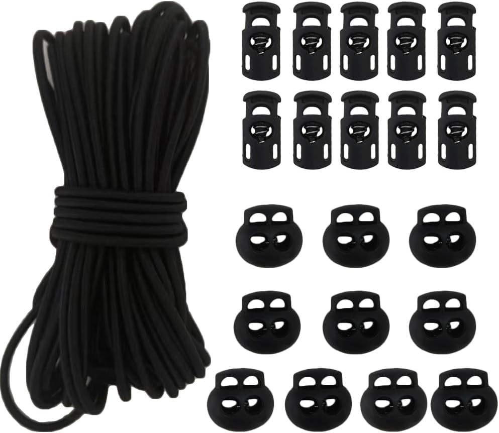 20pcs Plastic Cord Locks with 1/8-Inch 50ft Elastic Cord Heavy Stretch Round String, 10Pcs Sing-Hole, 10pcs V1188-CYX-LHJ-2116