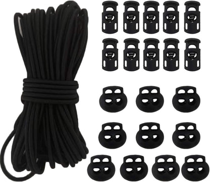 20pcs Plastic Cord Locks with 1/8-Inch 50ft Elastic Cord Heavy Stretch Round String, 10Pcs Sing-Hole, 10pcs V1188-CYX-LHJ-2116