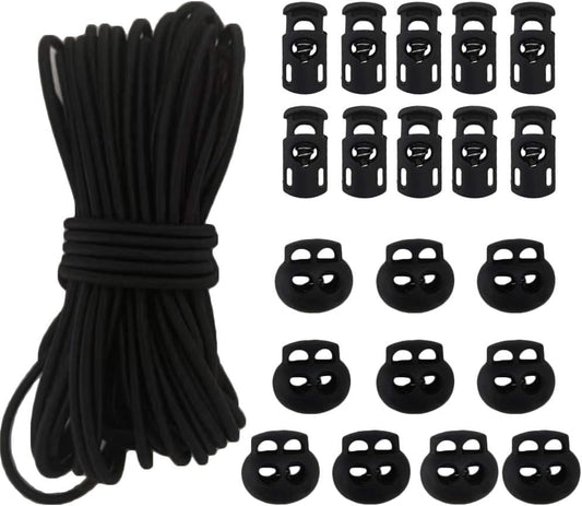 20pcs Plastic Cord Locks with 1/8-Inch 50ft Elastic Cord Heavy Stretch Round String, 10Pcs Sing-Hole, 10pcs V1188-CYX-LHJ-2116