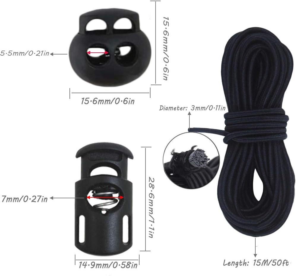 20pcs Plastic Cord Locks with 1/8-Inch 50ft Elastic Cord Heavy Stretch Round String, 10Pcs Sing-Hole, 10pcs V1188-CYX-LHJ-2116