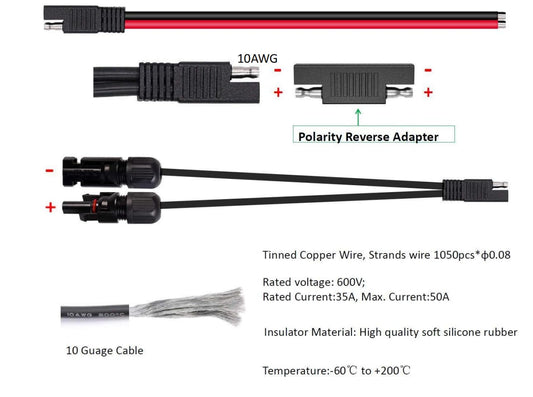 Solar Panel Connectors 10AWG Compatible with MC-4 Solar Connecter to SAE Adapter PV Extension Cable Wire for V1188-CYX-LHJ-2172