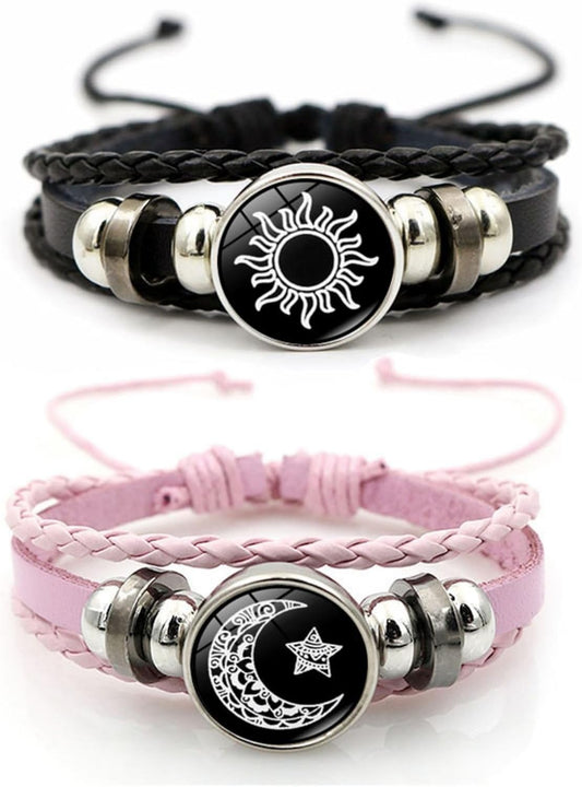 Luminous Sun and Moon Couple Bracelet - Glow in the Dark Matching Braided Leather Jewelry for Couples, V1188-CYX-LHJ-2310