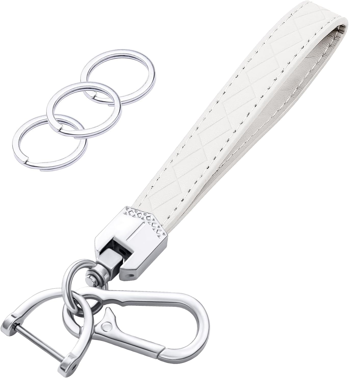 Leather Wristlet Keychain,Car Key Chain Wrist Keychain with 3 Key Ring and Anti-Lost D Ring (White Silver) V1188-CYX-LHJ-2696