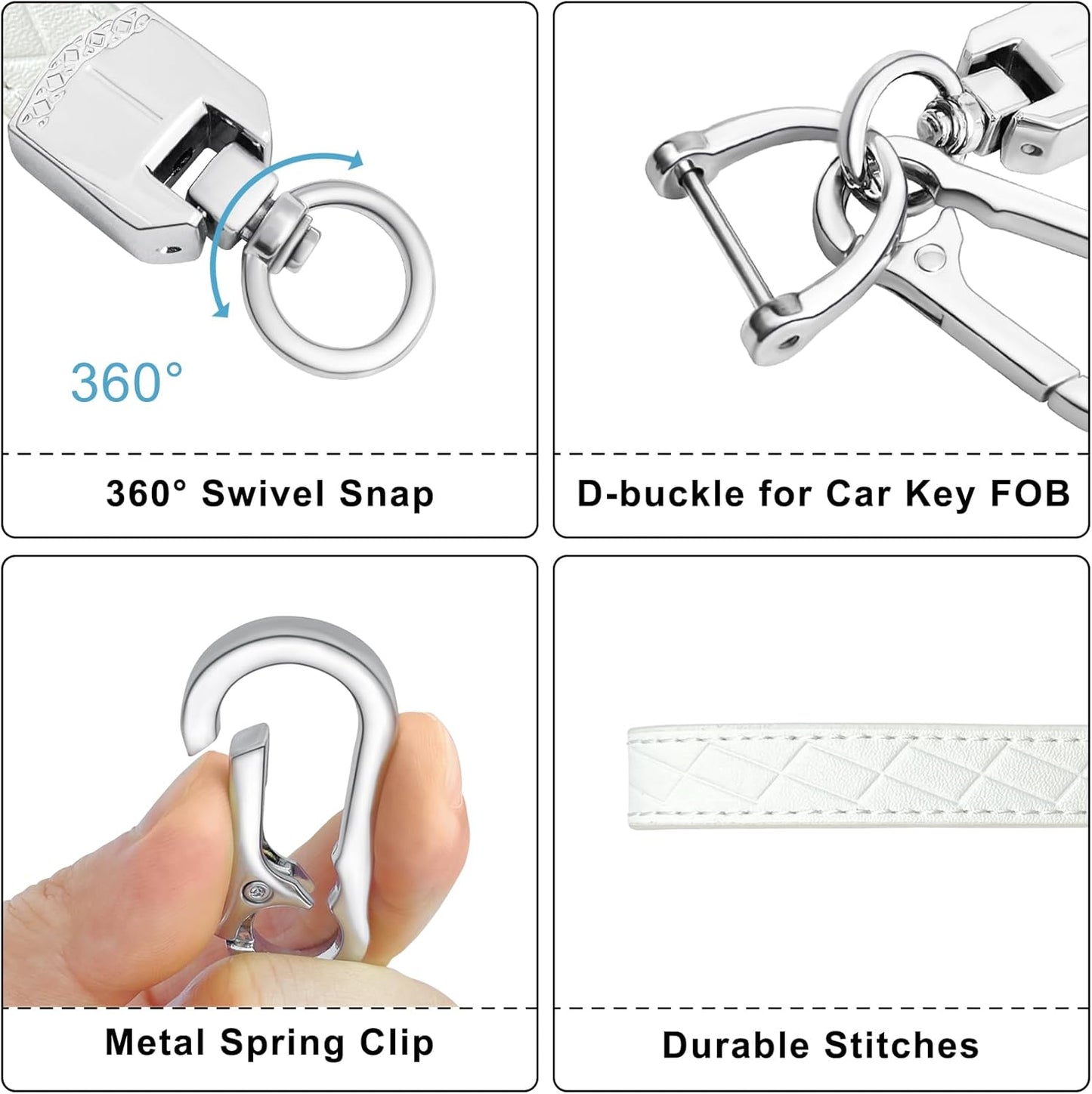 Leather Wristlet Keychain,Car Key Chain Wrist Keychain with 3 Key Ring and Anti-Lost D Ring (White Silver) V1188-CYX-LHJ-2696