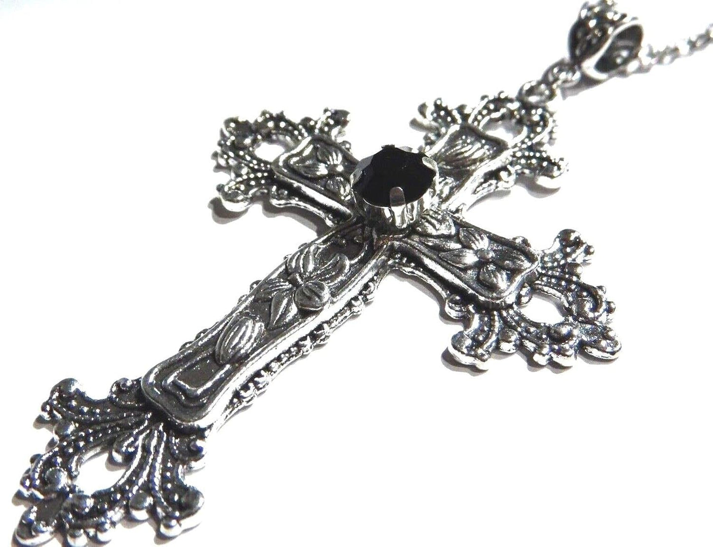 Large Gothic Cross Necklace silver-tone pendant with glass stone, on 24" steel chain... V1188-CYX-LHJ-2839