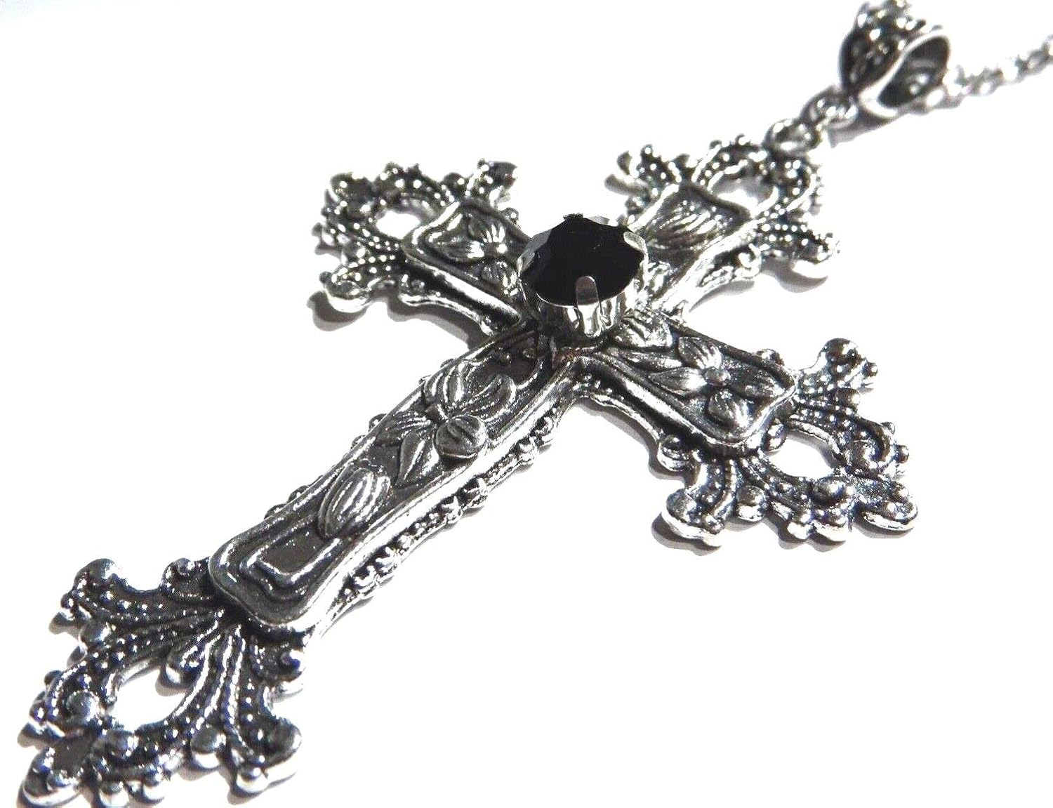 Large Gothic Cross Necklace silver-tone pendant with glass stone, on 24" steel chain... V1188-CYX-LHJ-2839