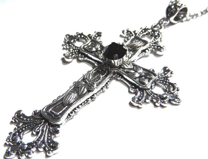 Large Gothic Cross Necklace silver-tone pendant with glass stone, on 24" steel chain... V1188-CYX-LHJ-2839