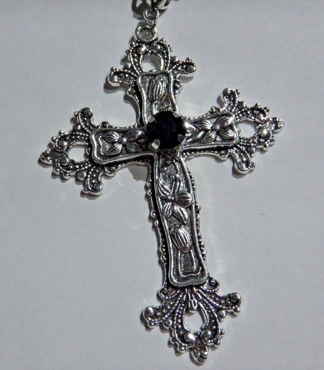 Large Gothic Cross Necklace silver-tone pendant with glass stone, on 24" steel chain... V1188-CYX-LHJ-2839