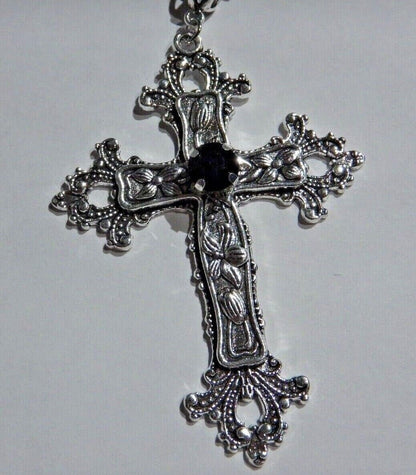 Large Gothic Cross Necklace silver-tone pendant with glass stone, on 24" steel chain... V1188-CYX-LHJ-2839