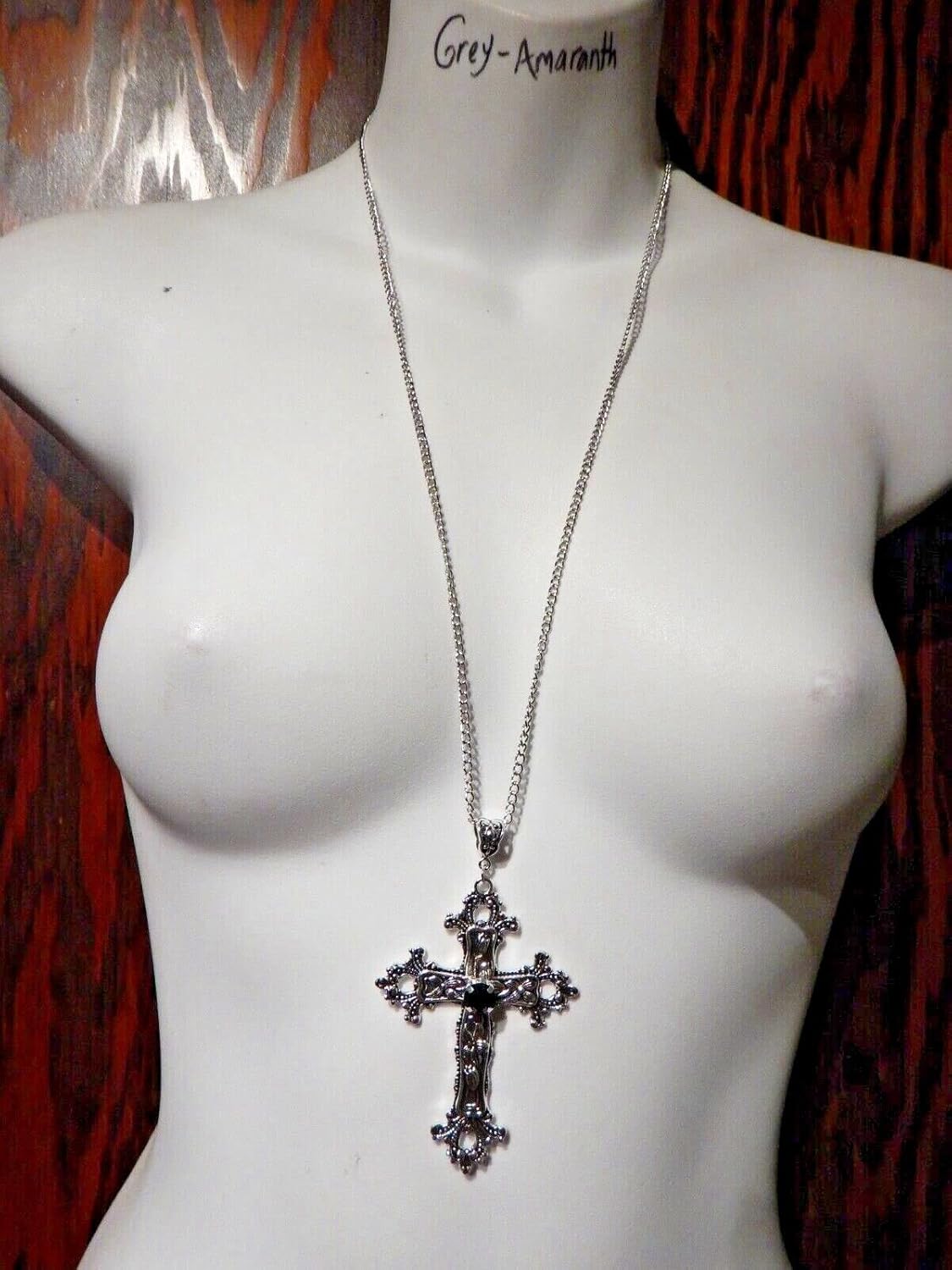 Large Gothic Cross Necklace silver-tone pendant with glass stone, on 24" steel chain... V1188-CYX-LHJ-2839