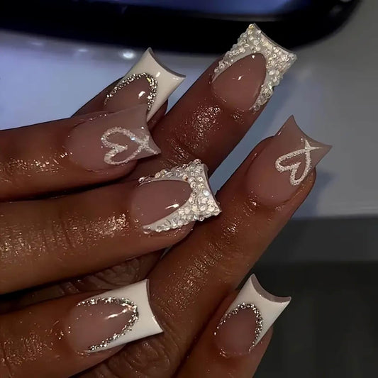 Nude Square Press on Nails Short Length,White French Tips Fake Nails with Rhinestones Design for V1188-CYX-LHJ-992