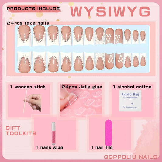 Nude Square Press on Nails Short Length,White French Tips Fake Nails with Rhinestones Design for V1188-CYX-LHJ-992