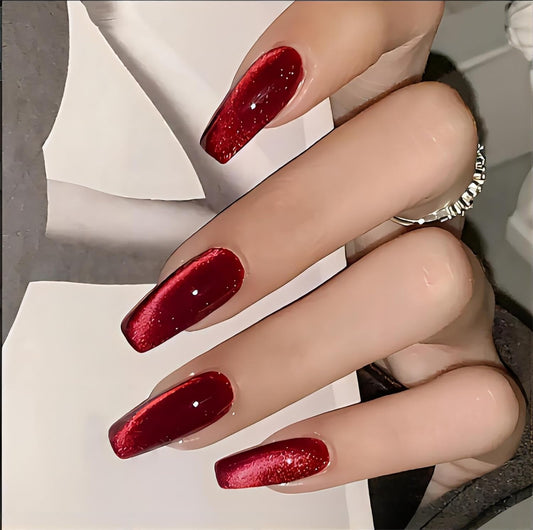 Red Press on Nails Coffin Shape Fake Nails Long False Nails with Cat Eye Design Glitter Glue on Nails for V1188-CYX-LHJ-996