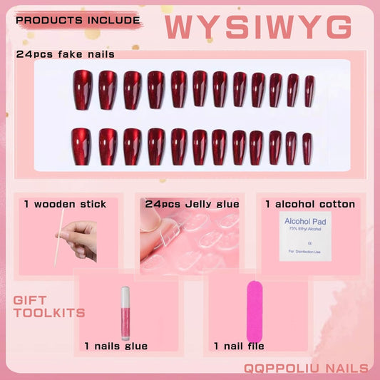 Red Press on Nails Coffin Shape Fake Nails Long False Nails with Cat Eye Design Glitter Glue on Nails for V1188-CYX-LHJ-996