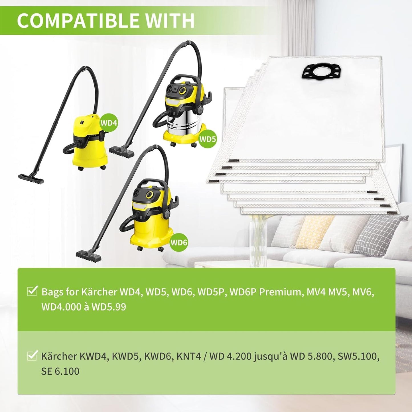 Karcher Vacuum Bags 10 pcs Compatible with WD4 WD5 WD6 MV4 MV5 MV6 V1188-DSVP-7975