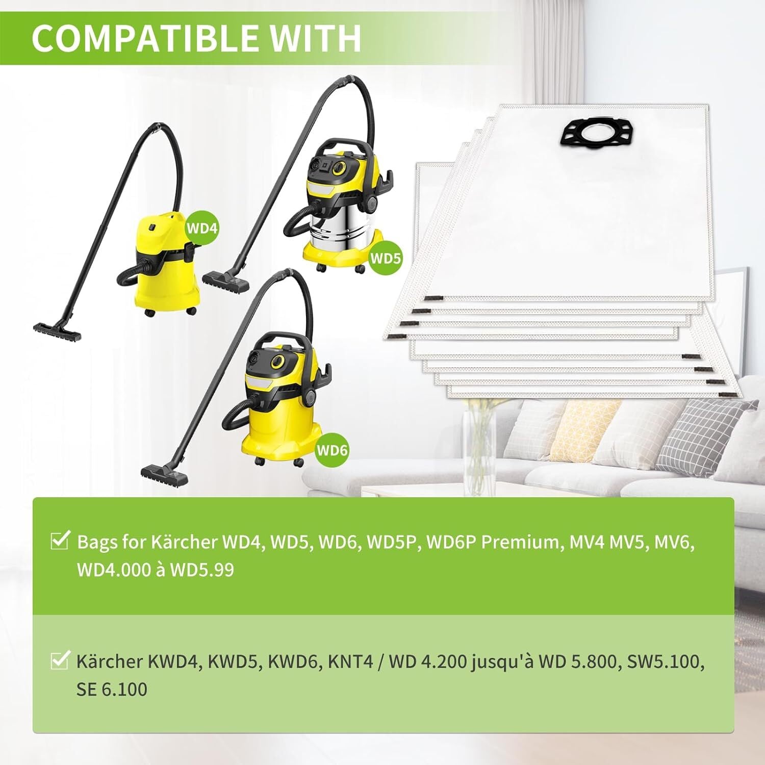 Karcher Vacuum Bags 10 pcs Compatible with WD4 WD5 WD6 MV4 MV5 MV6 V1188-DSVP-7975
