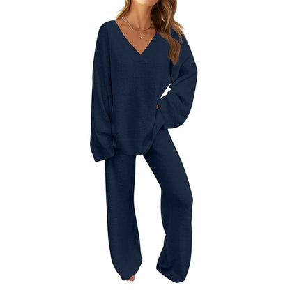 Fuzzy Wool Pajama Set Women's 2-Piece Long Sleeve Loungewear Black V1188-JAR108-25937-1