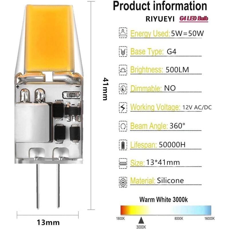 G4 LED Bulbs 6-Pack 5W Warm White 3000K Compatible with Halogen AC/DC 12V No Flicker 360 degrees Beam Angle V1188-JAR108-30117-1