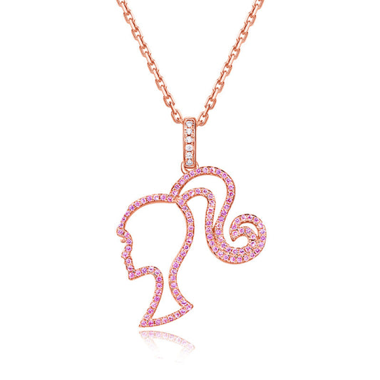 Barbie Necklace High Ponytail Girl Sterling Silver Hollowed Out Rose Red V1188-MA05-3077