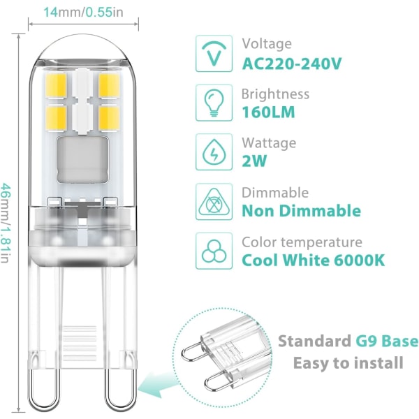 G9 LED Bulbs 10-Pack 1.5W Cool White 6000K Non-Dimmable AC 220-240V Mini Flicker-Free V1188-MA108-15976-1