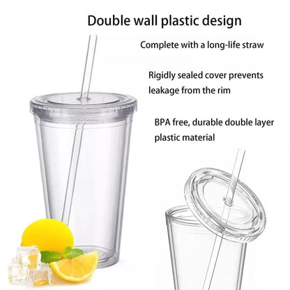 Reusable Plastic Cups Double Walled Transparent Drinking Cup with Straw Reusable Cups Suitable for Fruit V1188-MA108C-00398-1