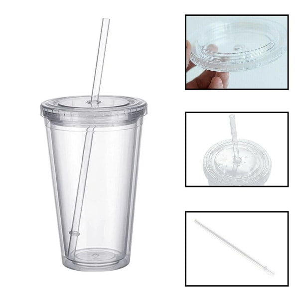 Reusable Plastic Cups Double Walled Transparent Drinking Cup with Straw Reusable Cups Suitable for Fruit V1188-MA108C-00398-1