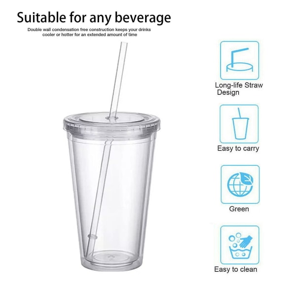 Reusable Plastic Cups Double Walled Transparent Drinking Cup with Straw Reusable Cups Suitable for Fruit V1188-MA108C-00398-1