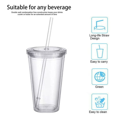 Reusable Plastic Cups Double Walled Transparent Drinking Cup with Straw Reusable Cups Suitable for Fruit V1188-MA108C-00398-1