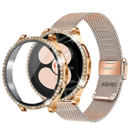 Stainless Steel Bracelet Compatible withSamsung Galaxy Watch 4 5 6 40mm 44mm Mesh Loop Bling Case Gold Set V1188-MA60-13077-4