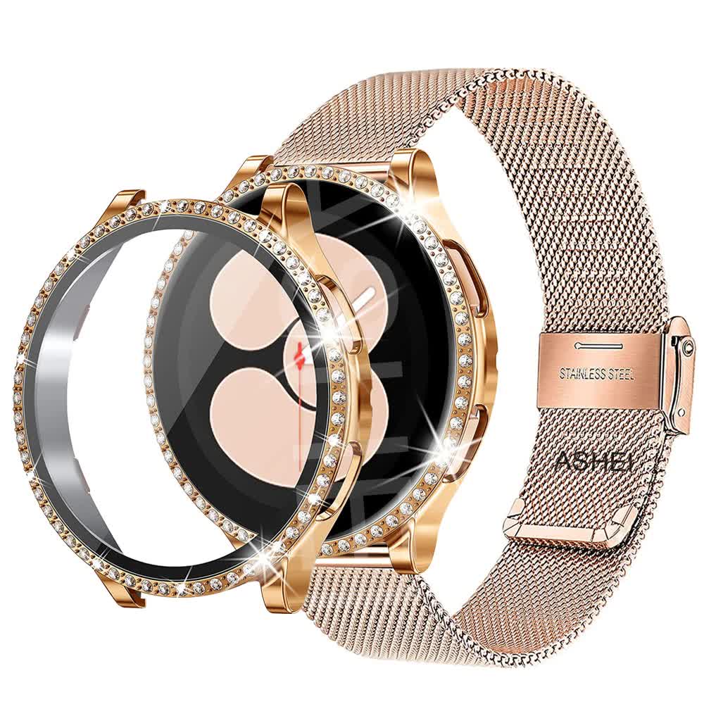 Mesh Loop Stainless Steel Strap Bling Case Gold Set Compatible withSamsung Galaxy Watch 4 5 6 40mm 44mm V1188-MA60-13077-8