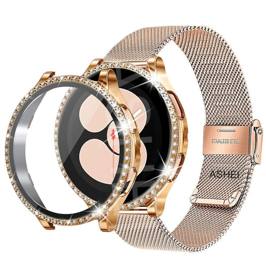 Mesh Loop Stainless Steel Strap Bling Case Gold Set Compatible withSamsung Galaxy Watch 4 5 6 40mm 44mm V1188-MA60-13077-8