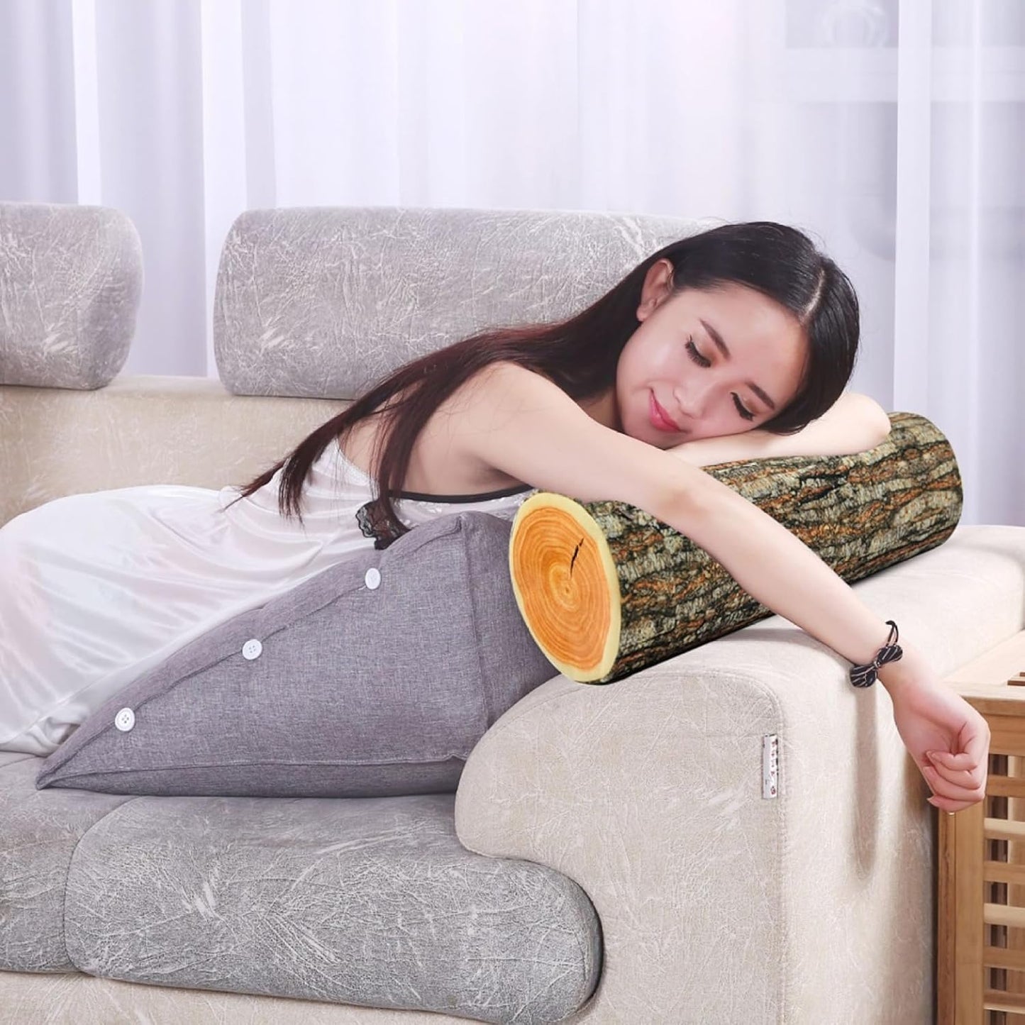 Log Cushion Round Stump Shaped Wood Grain Design Decorative Pillow Cover for Home Decor V1188-MA60-22100-1