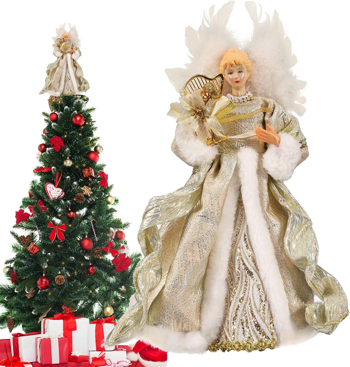 Christmas Tree Angel Topper with White Feather Wings Decorative Ornament V1188-MA60AM-00123-5