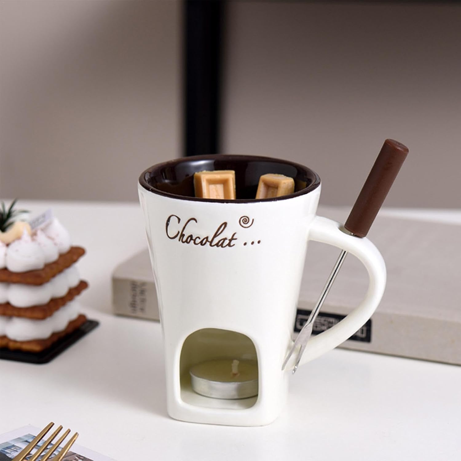 Tealight Fondue Set, Ceramic Melting Pot for Chocolate and Dessert Beige V1188-MA60AM-00135-1