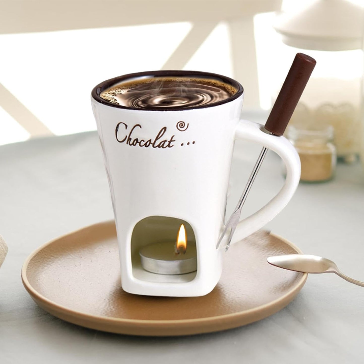 Tealight Fondue Set, Ceramic Melting Pot for Chocolate and Dessert Beige V1188-MA60AM-00135-1