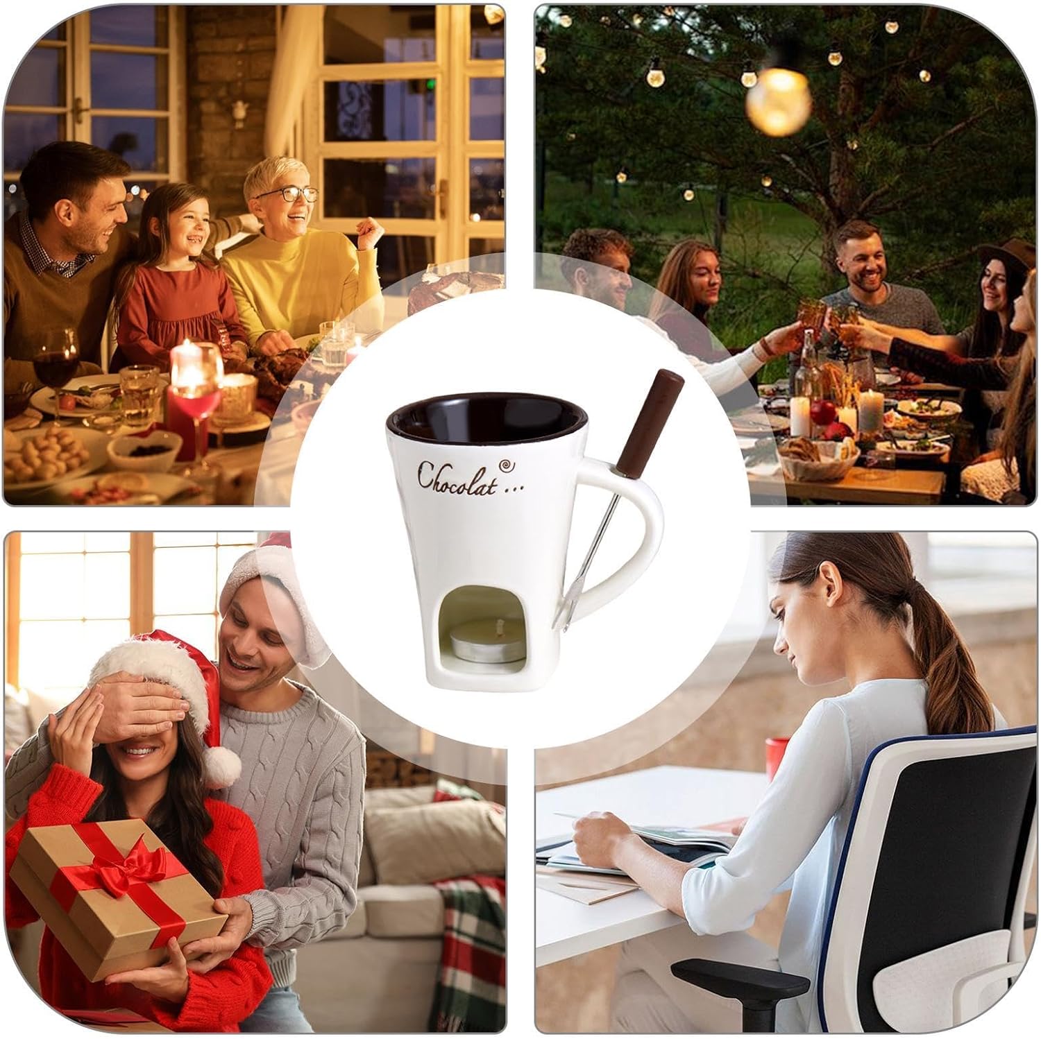 Tealight Fondue Set, Ceramic Melting Pot for Chocolate and Dessert Beige V1188-MA60AM-00135-1