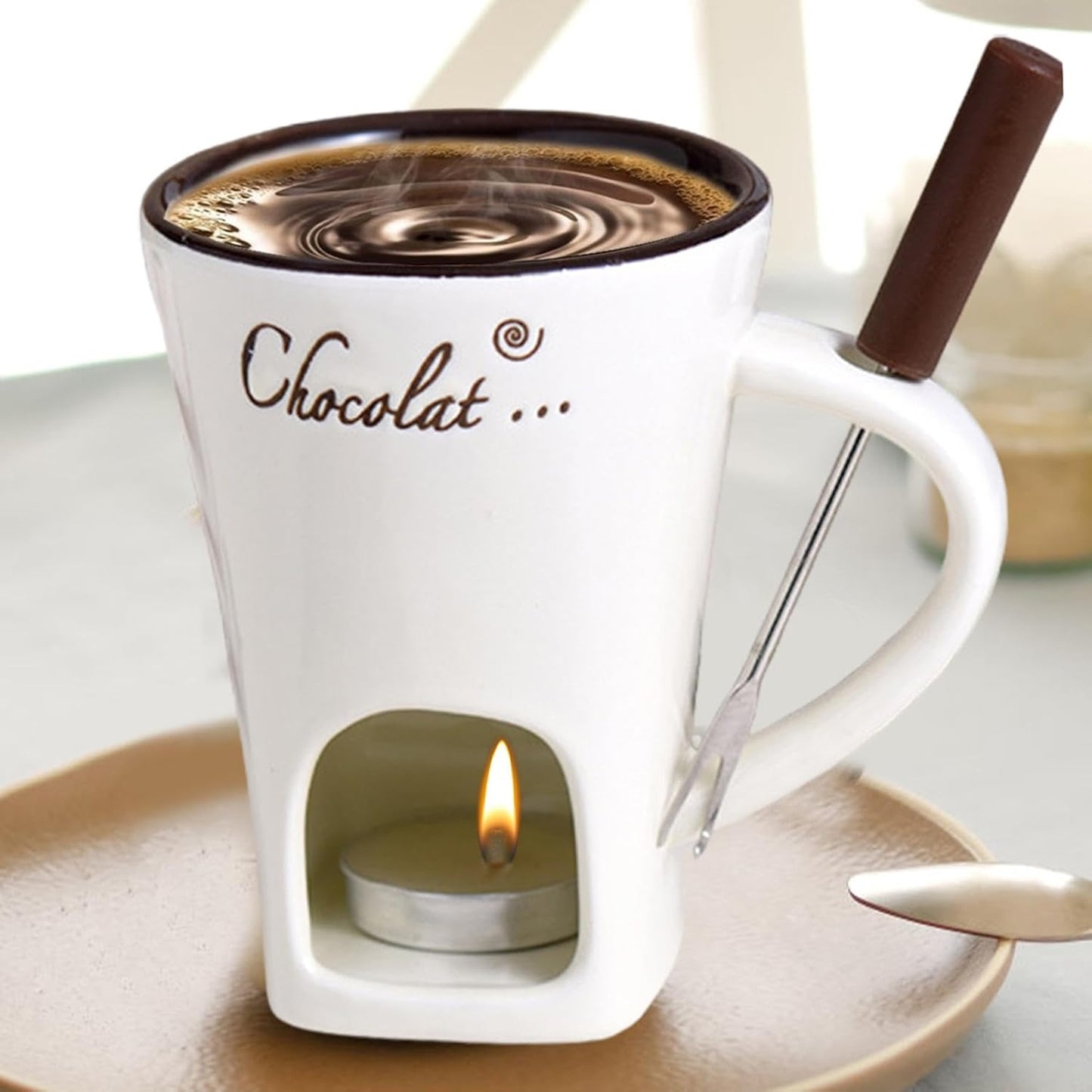 Tealight Fondue Set, Ceramic Melting Pot for Chocolate and Dessert Beige V1188-MA60AM-00135-1