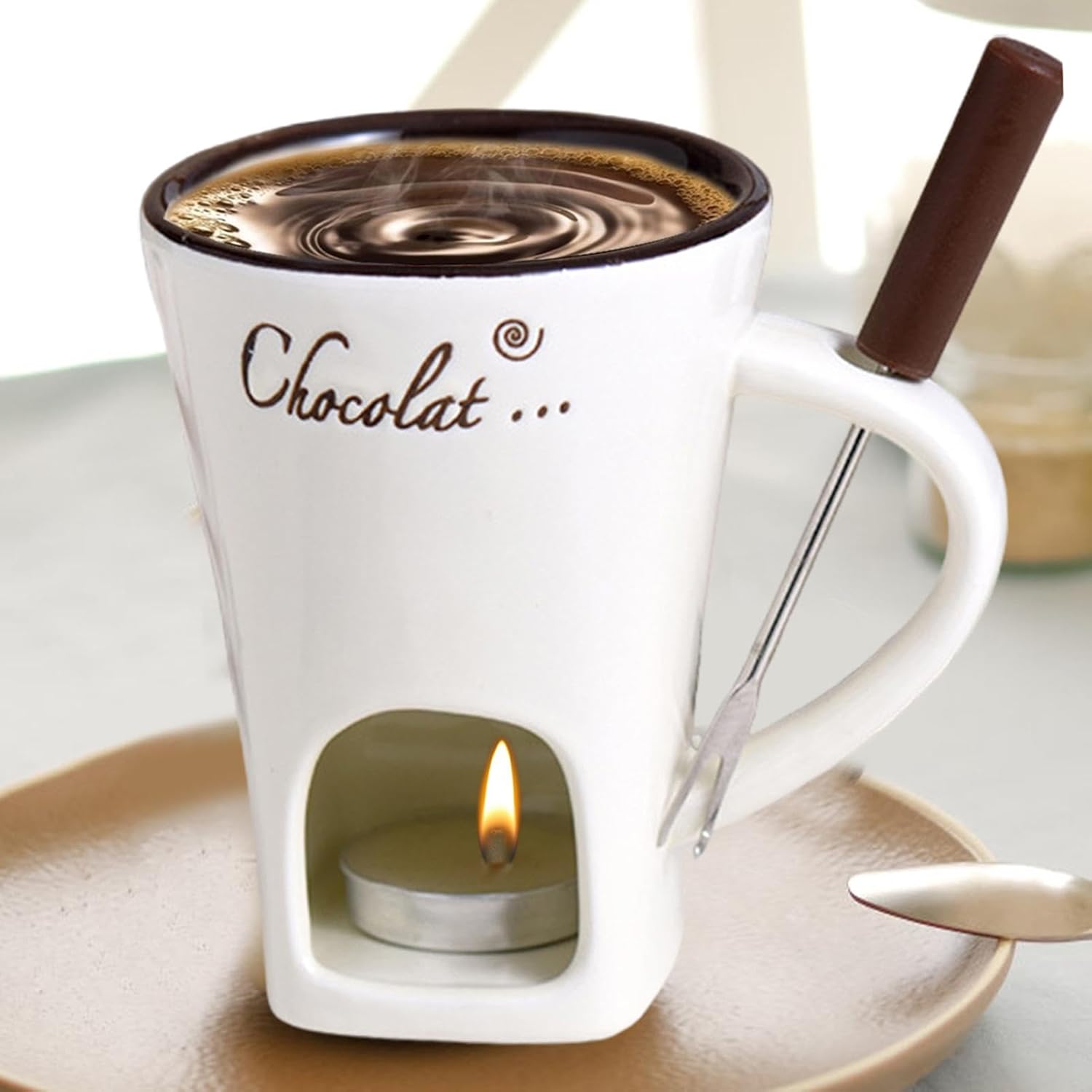 Tealight Fondue Set, Ceramic Melting Pot for Chocolate and Dessert Beige V1188-MA60AM-00135-1