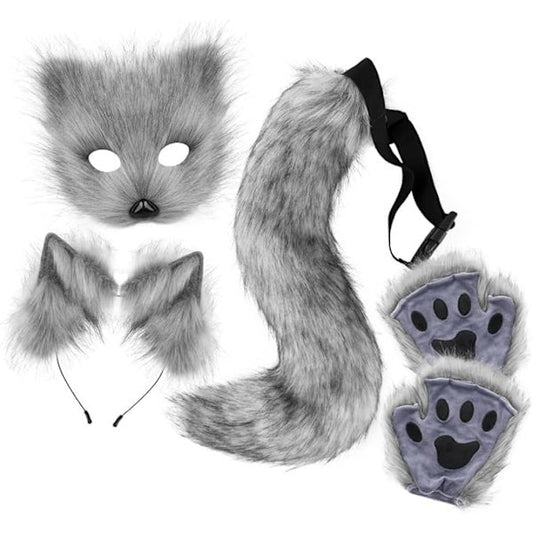 Plush mask with fox tail and ears set, cat tail fox costume cosplay costume with cat ears and paw gloves V1188-MAG101-02224-4
