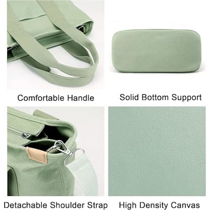 Handmade Canvas Shoulder Bag for Women Black Medium with Compartments Zipper College School Work Travel V1188-MAG101Y-03366-10