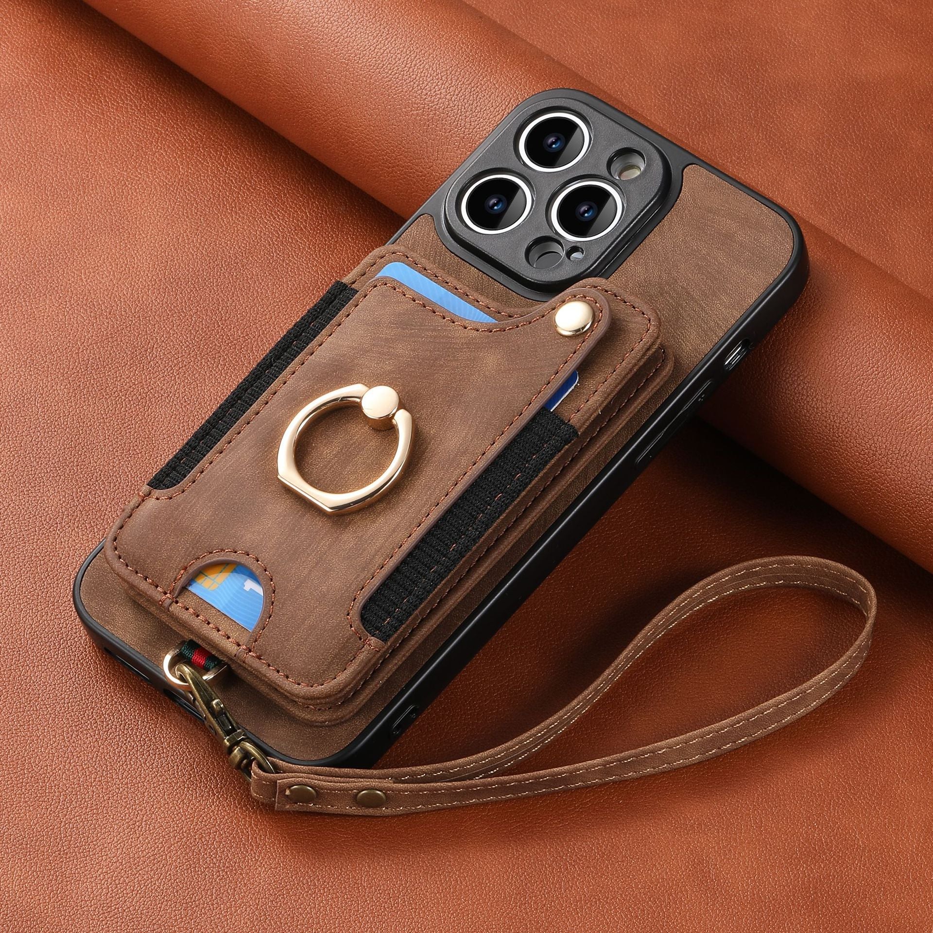 Leather RFID Anti-Theft Phone Case with Strap Compatible with iPhone 15 Pro Max Black Card Holder Loop Buckle V1188-MAGFD72-03690-57