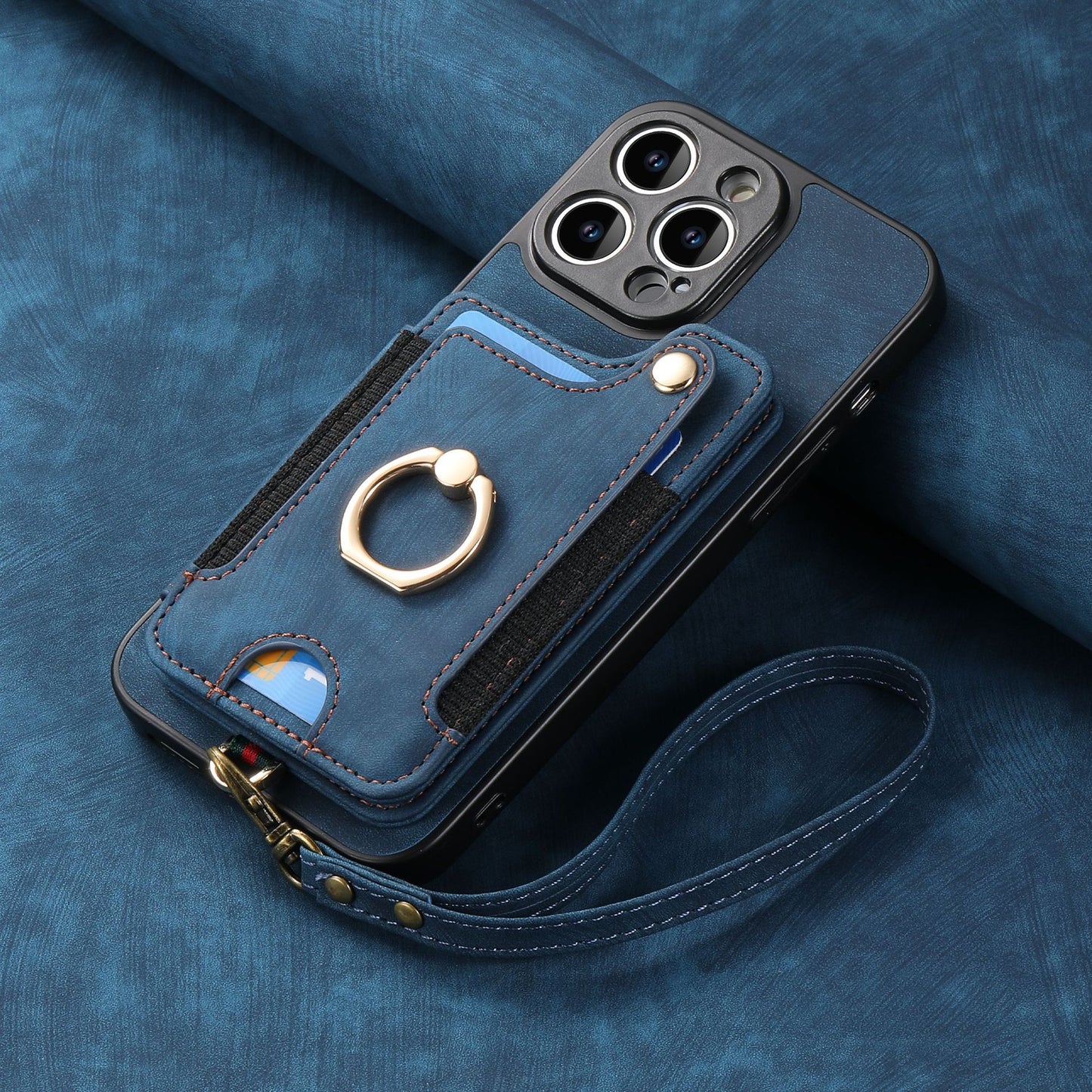 Leather RFID Anti-Theft Phone Case with Strap Compatible with iPhone 15 Pro Max Black Card Holder Loop Buckle V1188-MAGFD72-03690-57